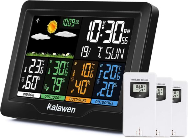 Kalawen Weather Station with 3 Outdoor Sensors, MSF Wireless Digital Alarm Clock, Barometer, Temperature, Humidity Monitor, Weather Forecast for Home Garden