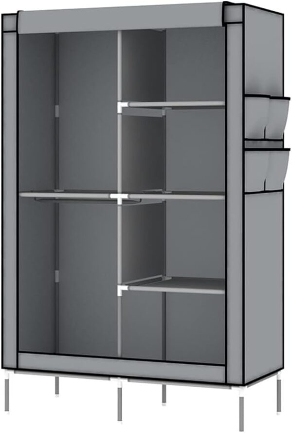 LOEFME Canvas Wardrobe, Portable FabricWardrobe with 2 Clothes Hanging Rails and 4Shelves, Bedroom Furniture Clothes StorageOrganiser, Foldable Closets,Dustproof andWaterproof Grey