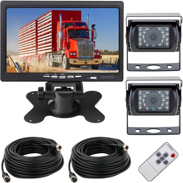 Reversing Camera Kit 12-24V 4 Pin 2x 18LEDsWaterproof Night Vision Reverse Rear ViewCamera with 15M Aviation Cable +7" TFT HD LCDCar Monitor for Large Truck/Bus/RV/Trailer/Tractor