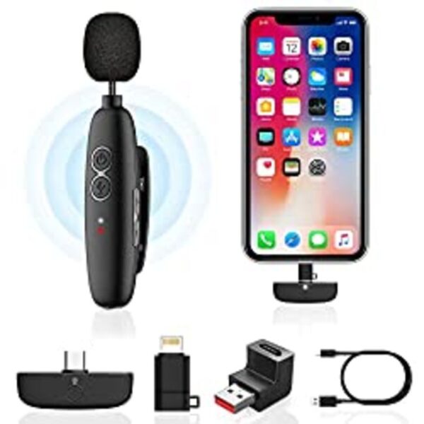 Plug&Play Wireless Lavalier Microphone for iPhone iPad Android Computer Laptop, 2.4GHz Lapel Mic for Phone Video Recording, YouTube Facebook Live Stream- Noise Reduction/Recording Function